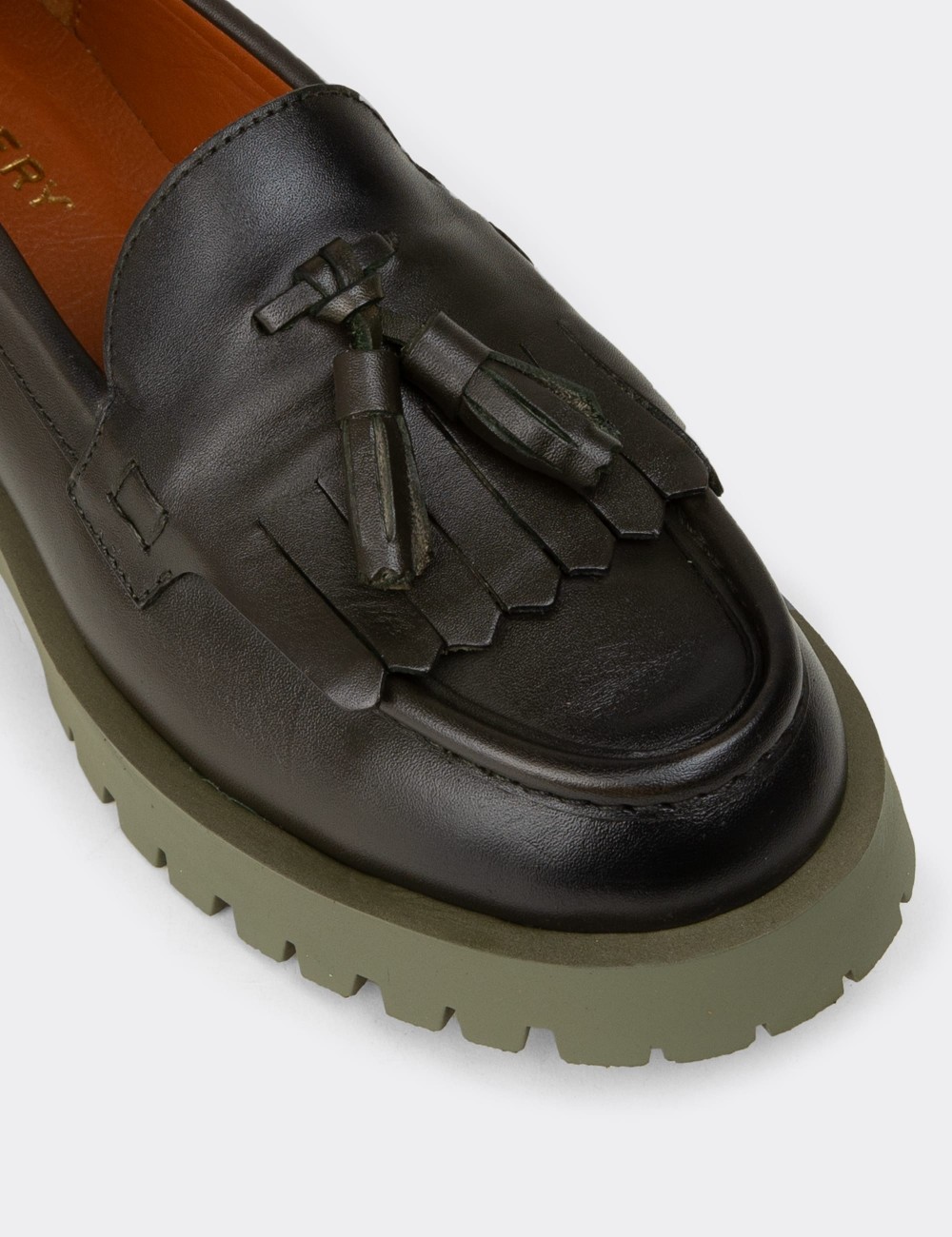 Women's Green Leather Tassel Loafers - 02033ZYSLC02