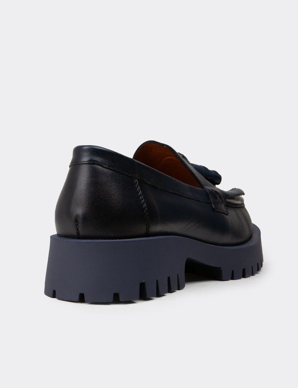 Women's Navy Leather Tassel Loafers - 02033ZLCVC02