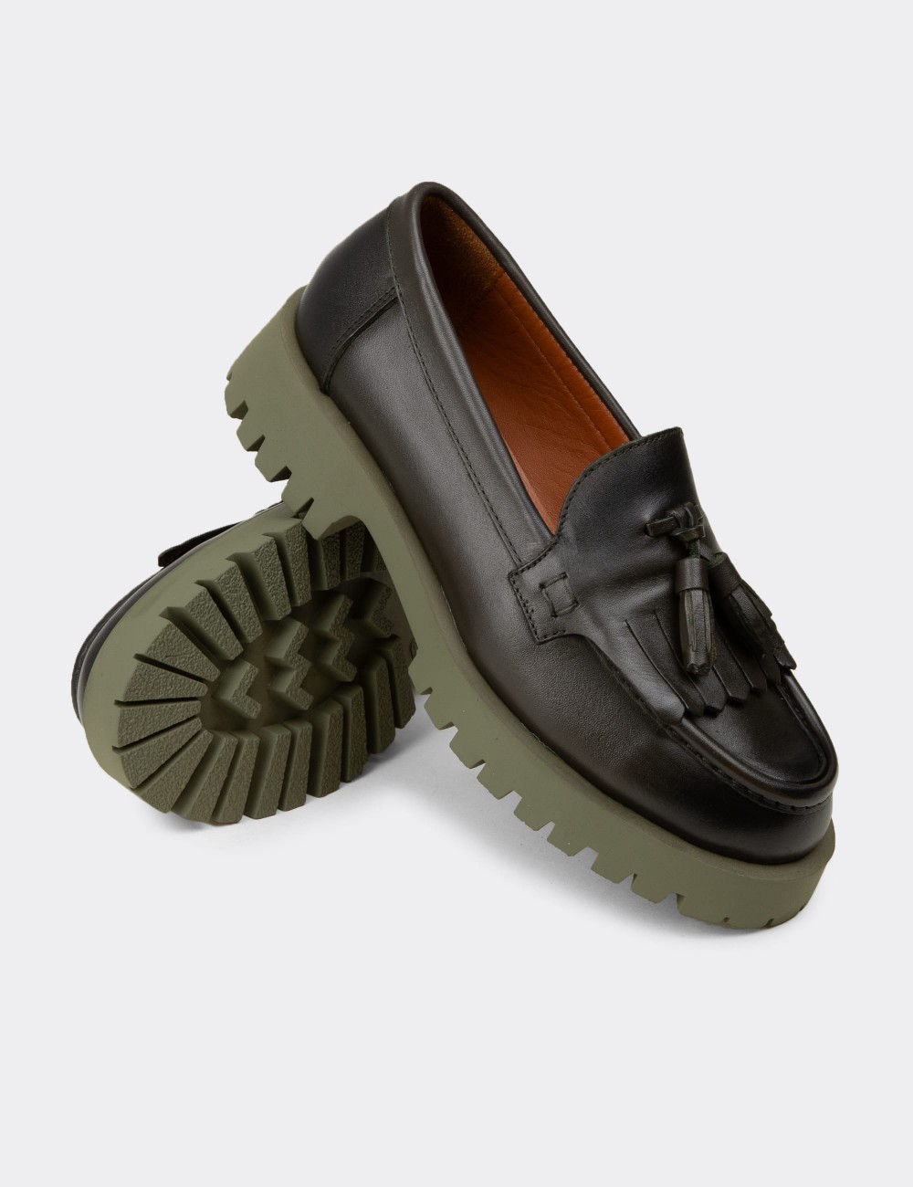 Women's Green Leather Tassel Loafers - 02033ZYSLC02