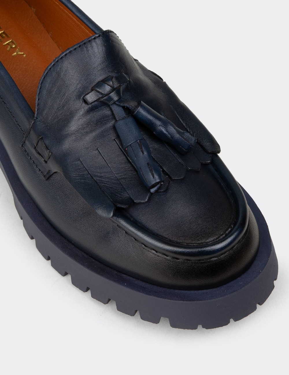 Women's Navy Leather Tassel Loafers - 02033ZLCVC02