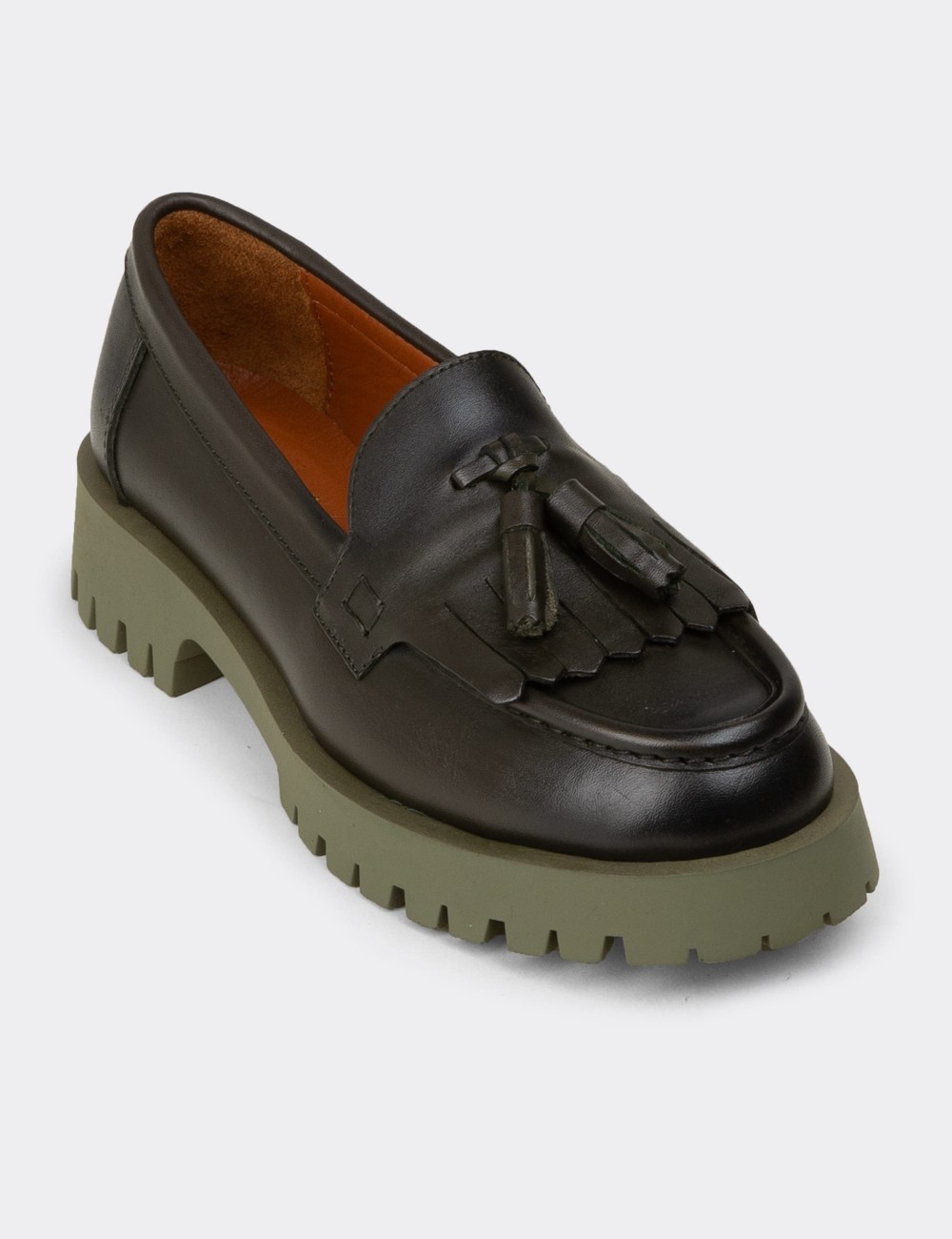 Women's Green Leather Tassel Loafers - 02033ZYSLC02