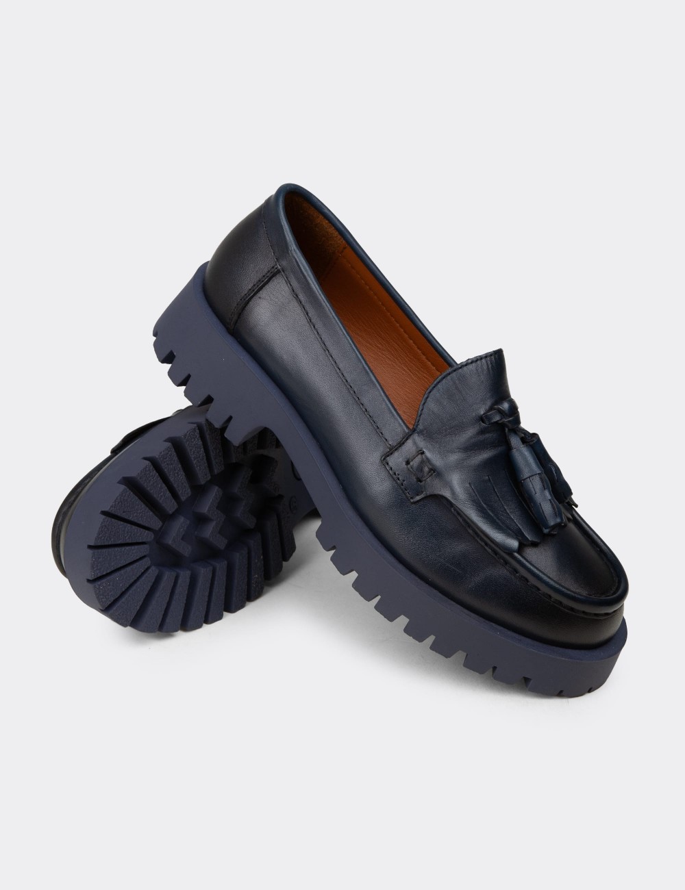 Women's Navy Leather Tassel Loafers - 02033ZLCVC02