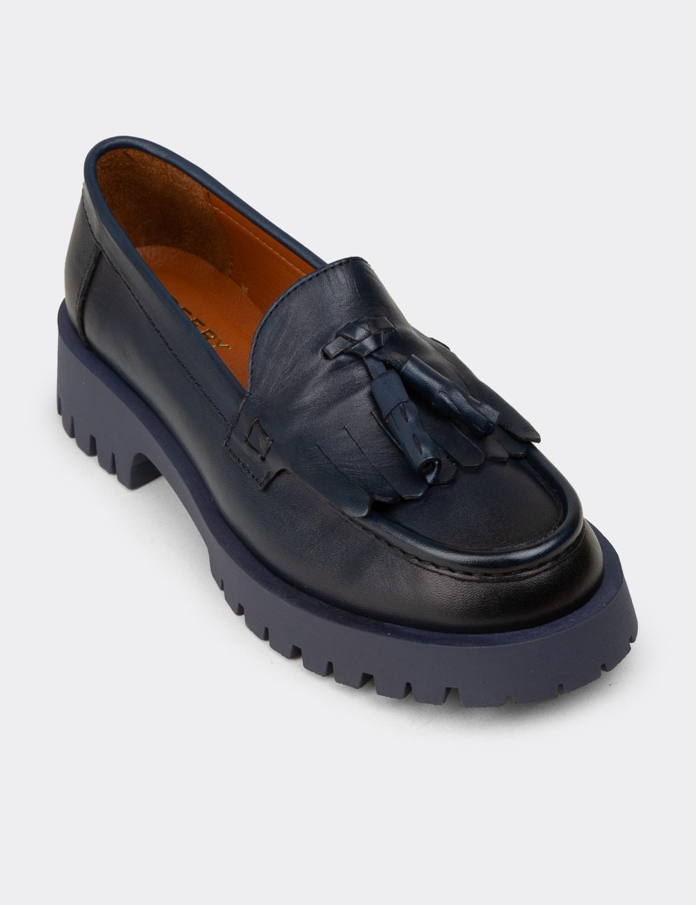 Women's Navy Leather Tassel Loafers - 02033ZLCVC02