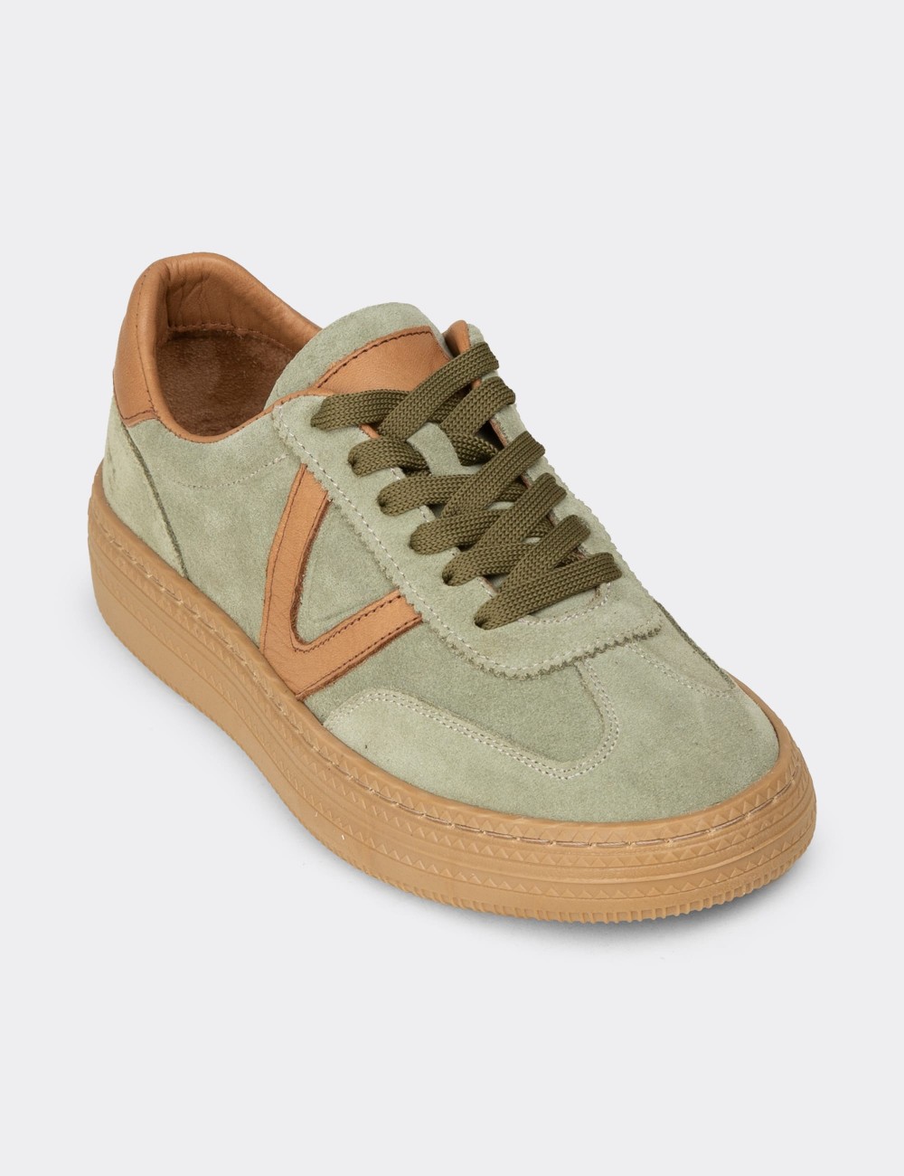 Women's Green Suede Leather Sneakers - N0170ZYSLC01