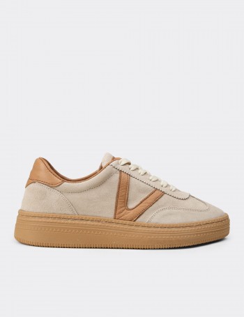 Women's Beige Suede Leather Sneakers - N0170ZBEJC01