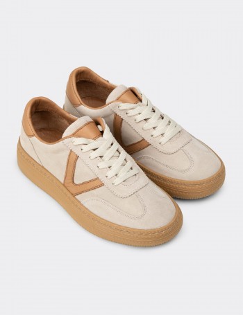 Women's Beige Suede Leather Sneakers - N0170ZBEJC01