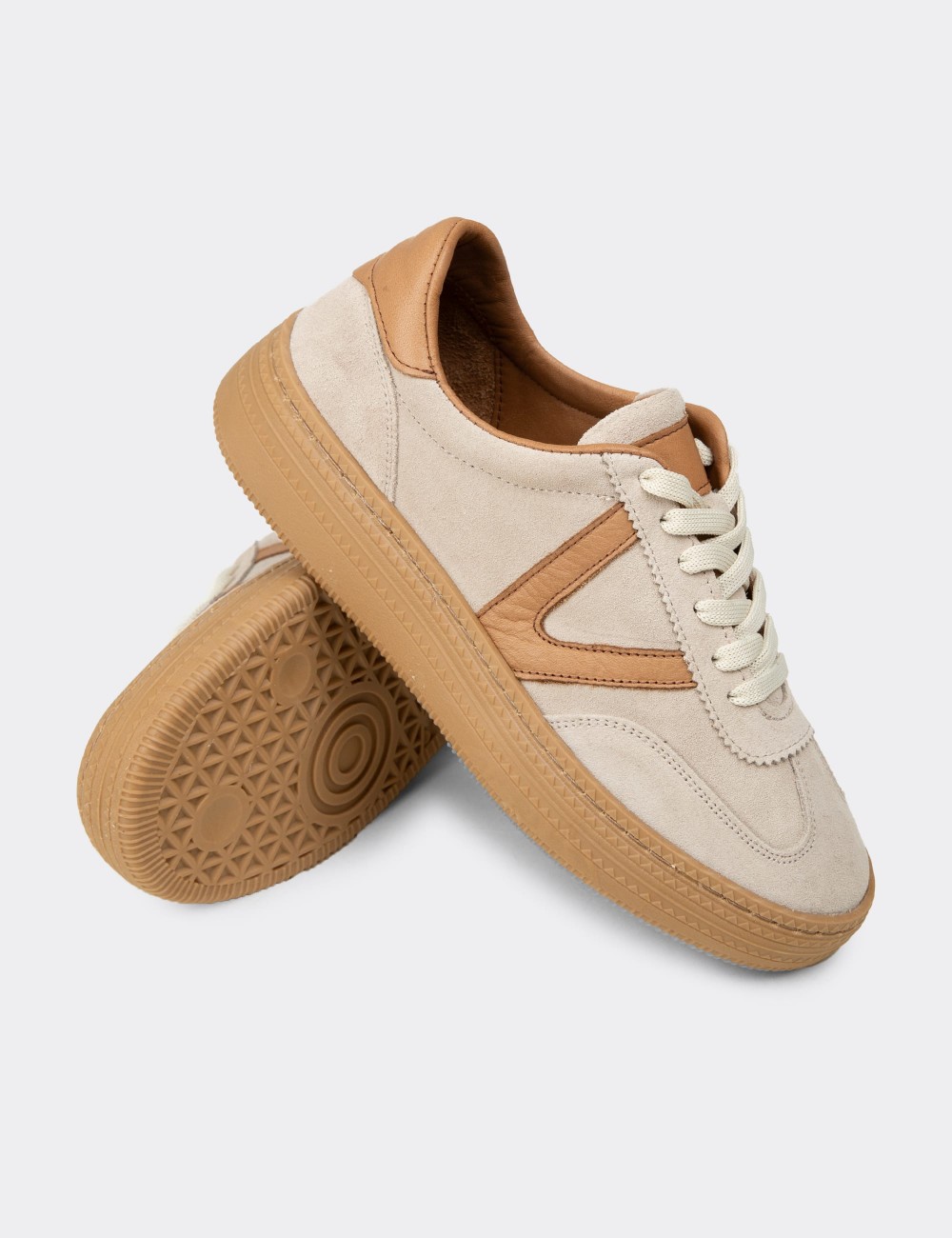 Women's Beige Suede Leather Sneakers - N0170ZBEJC01