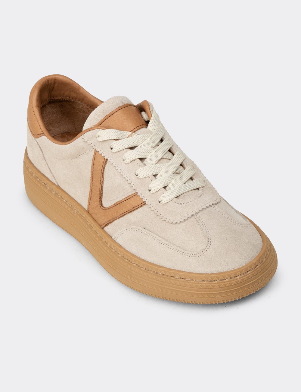 Women's Beige Suede Leather Sneakers - N0170ZBEJC01