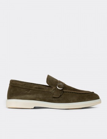 Men's Green Suede Leather Buckled Loafers