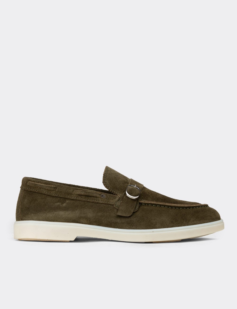 Men's Green Suede Leather Buckled Loafers - 02031MYSLC01