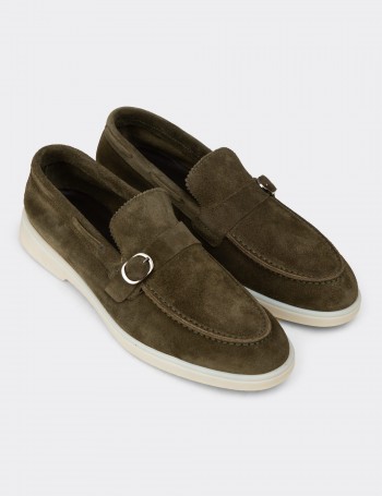 Men's Green Suede Leather Buckled Loafers
