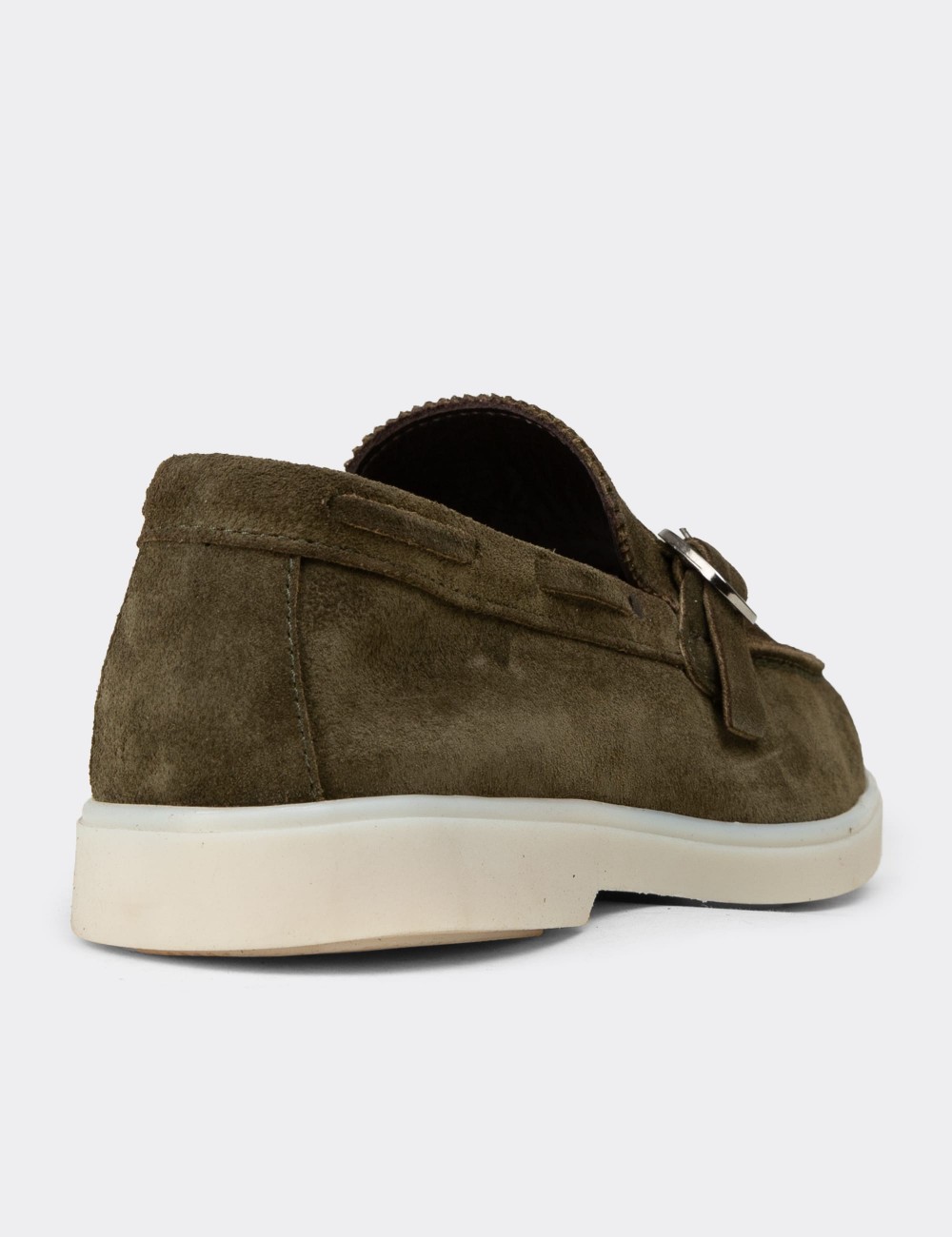 Men's Green Suede Leather Buckled Loafers - 02031MYSLC01