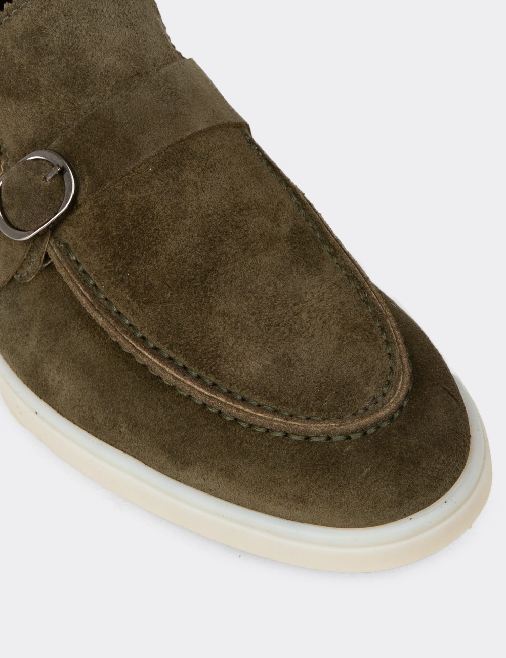 Men's Green Suede Leather Buckled Loafers - 02031MYSLC01