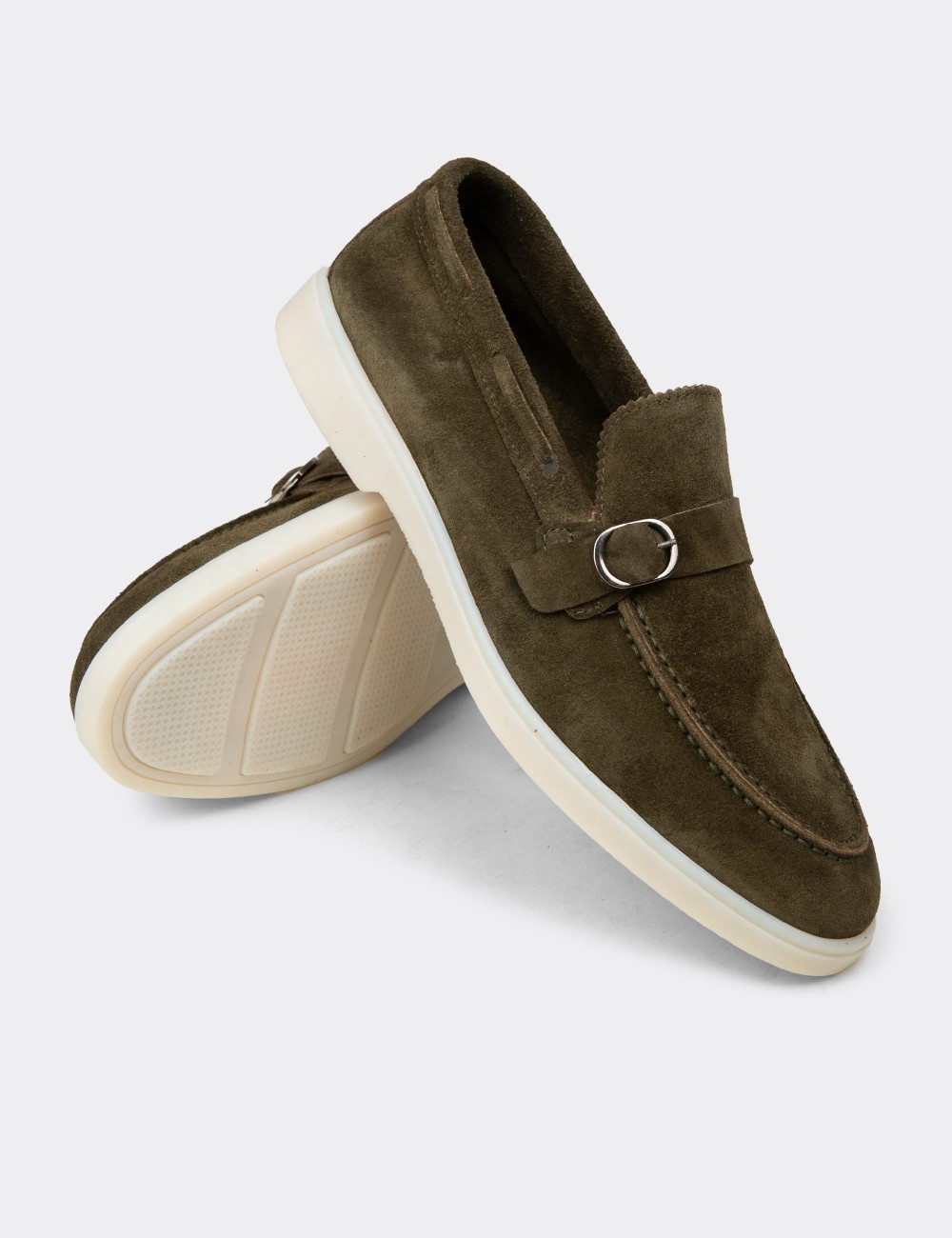 Men's Green Suede Leather Buckled Loafers - 02031MYSLC01