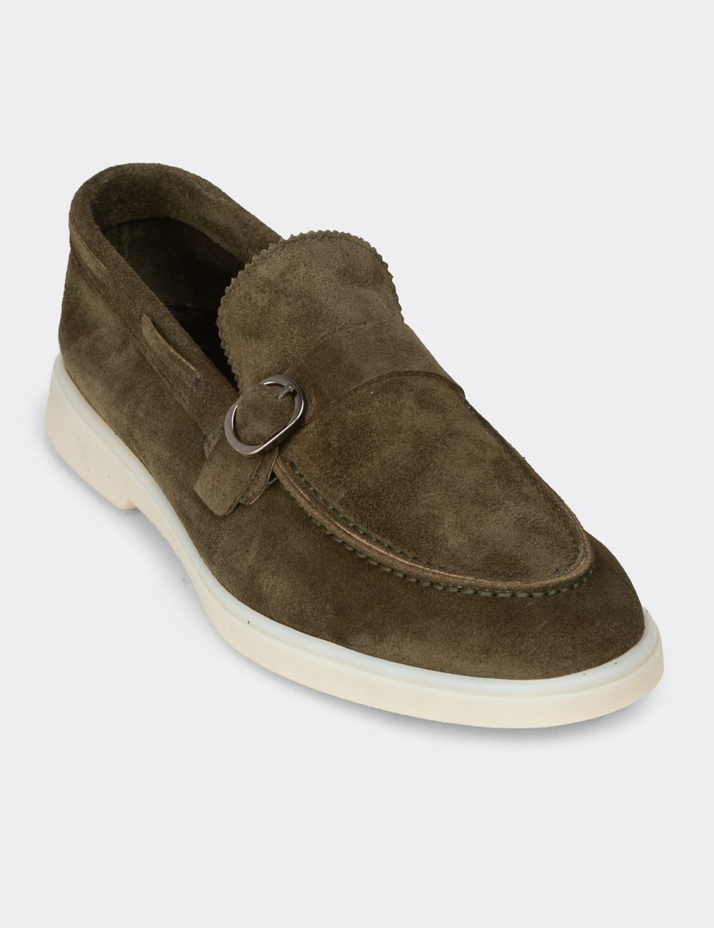 Men's Green Suede Leather Buckled Loafers - 02031MYSLC01