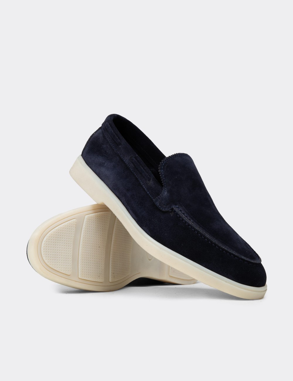 Men's Navy Suede Leather Loafers - 02032MLCVC01
