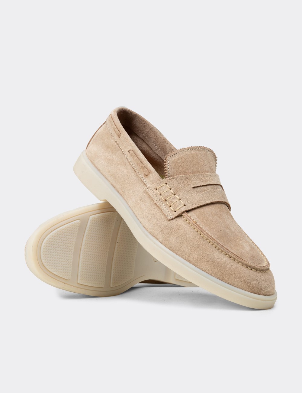 Men's Beige Suede Leather Loafers - 02028MBEJC01