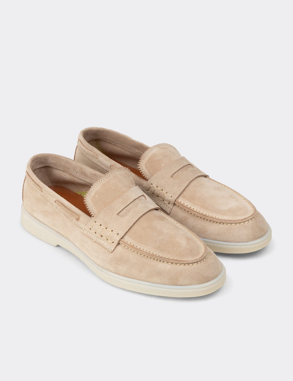 Men's Beige Suede Leather Loafers - 02028MBEJC01