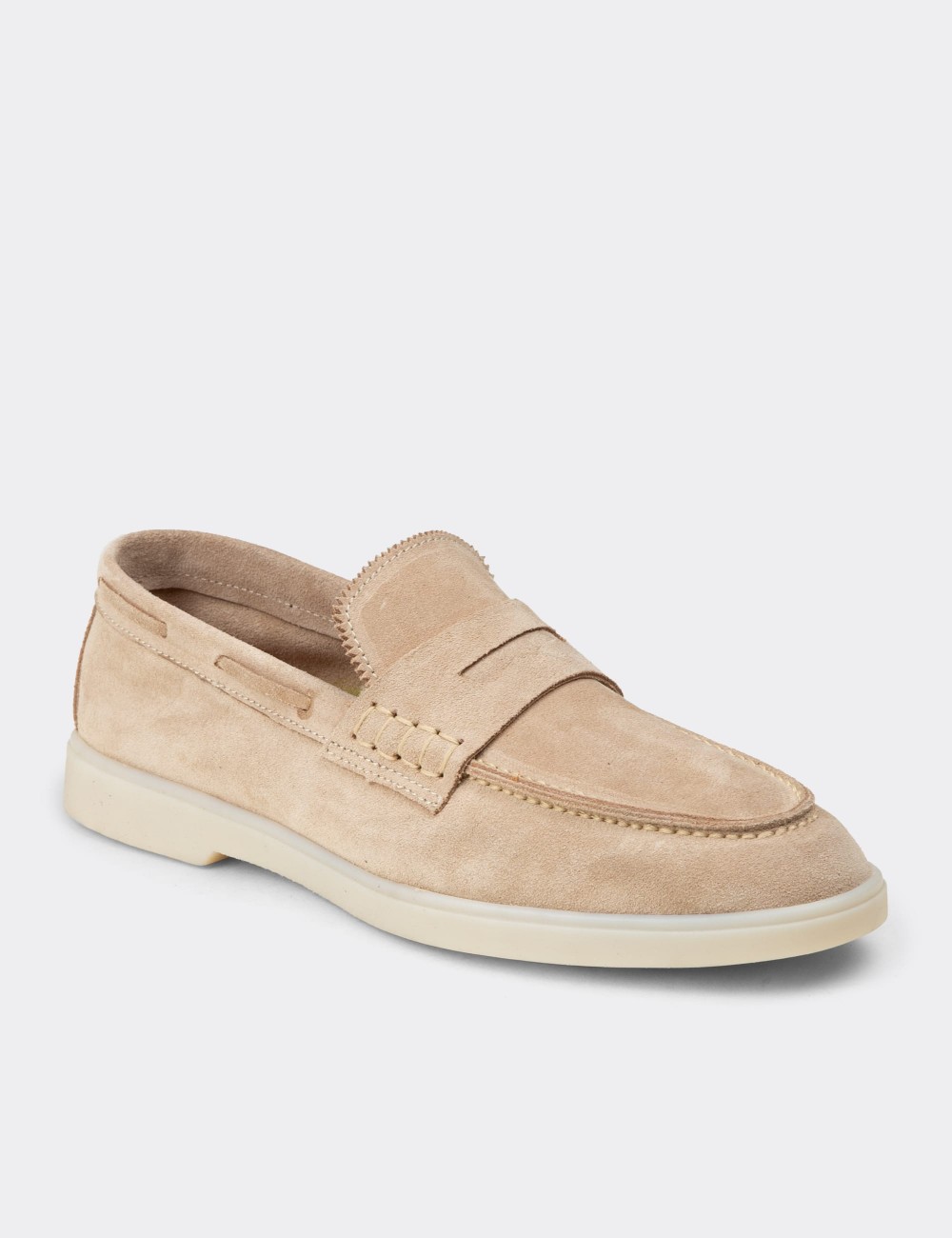 Men's Beige Suede Leather Loafers - 02028MBEJC01