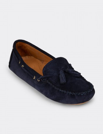 Women's Navy Suede Leather Tassel Loafer