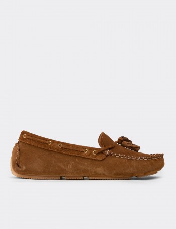 Women's Tan Suede Leather Tassel Loafers