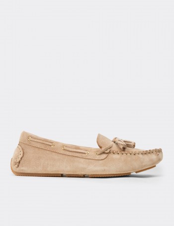 Women's Beige Suede Leather Tassel Loafers
