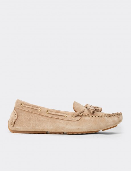 Women's Beige Suede Leather Tassel Loafers