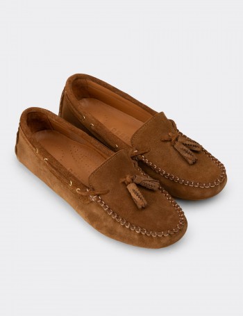 Women's Tan Suede Leather Tassel Loafers
