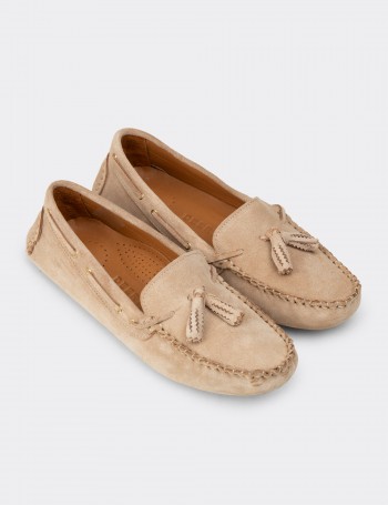 Women's Beige Suede Leather Tassel Loafers