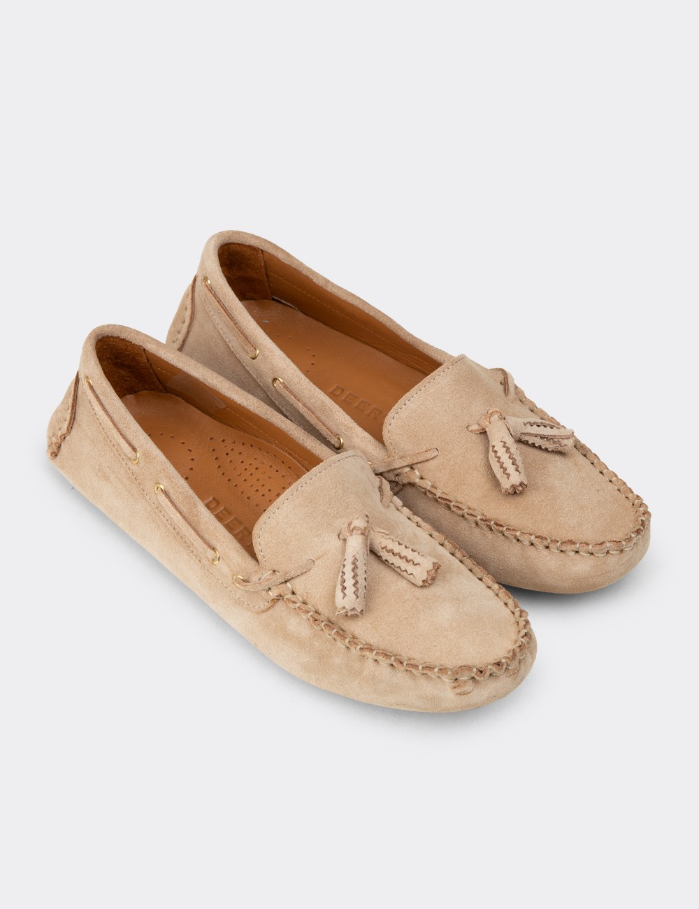 Women's Beige Suede Leather Tassel Loafers - DL506ZBEJC01