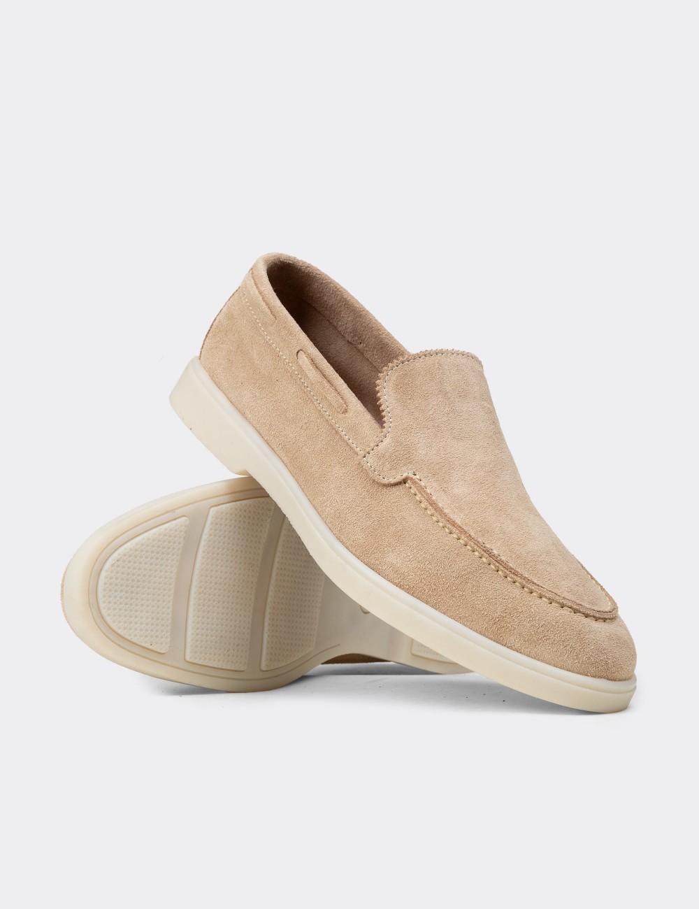 Men's Beige Suede Leather Slip-On Shoes - 02032MBEJC01