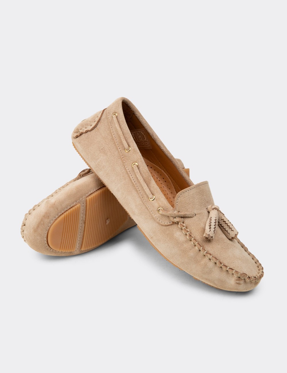 Women's Beige Suede Leather Tassel Loafers - DL506ZBEJC01