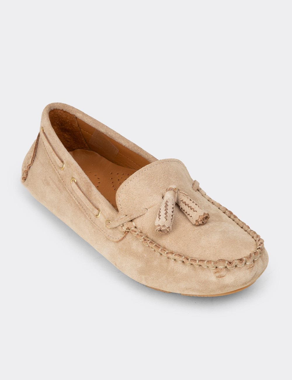Women's Beige Suede Leather Tassel Loafers - DL506ZBEJC01