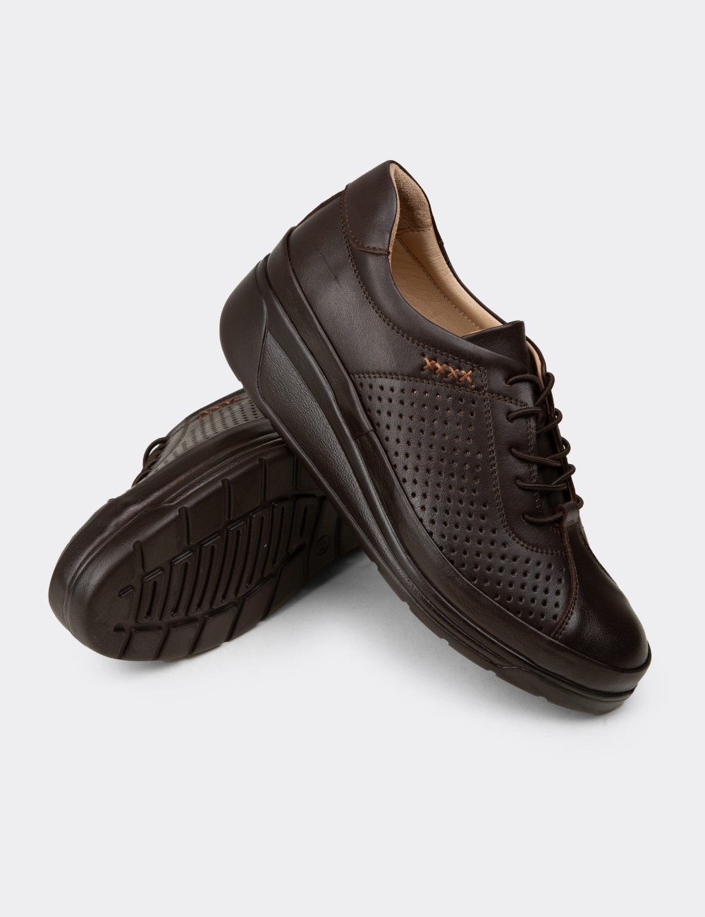 Women's Brown Leather Lace-up Shoes - N3537ZKHVC01