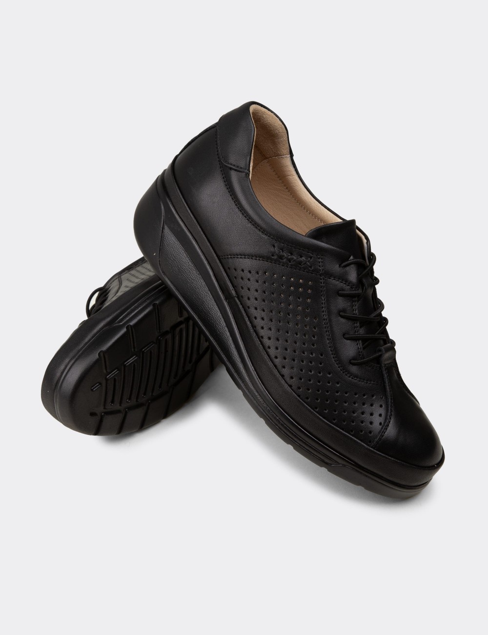 Women's Black Leather Lace-up Shoes - N3537ZSYHC01
