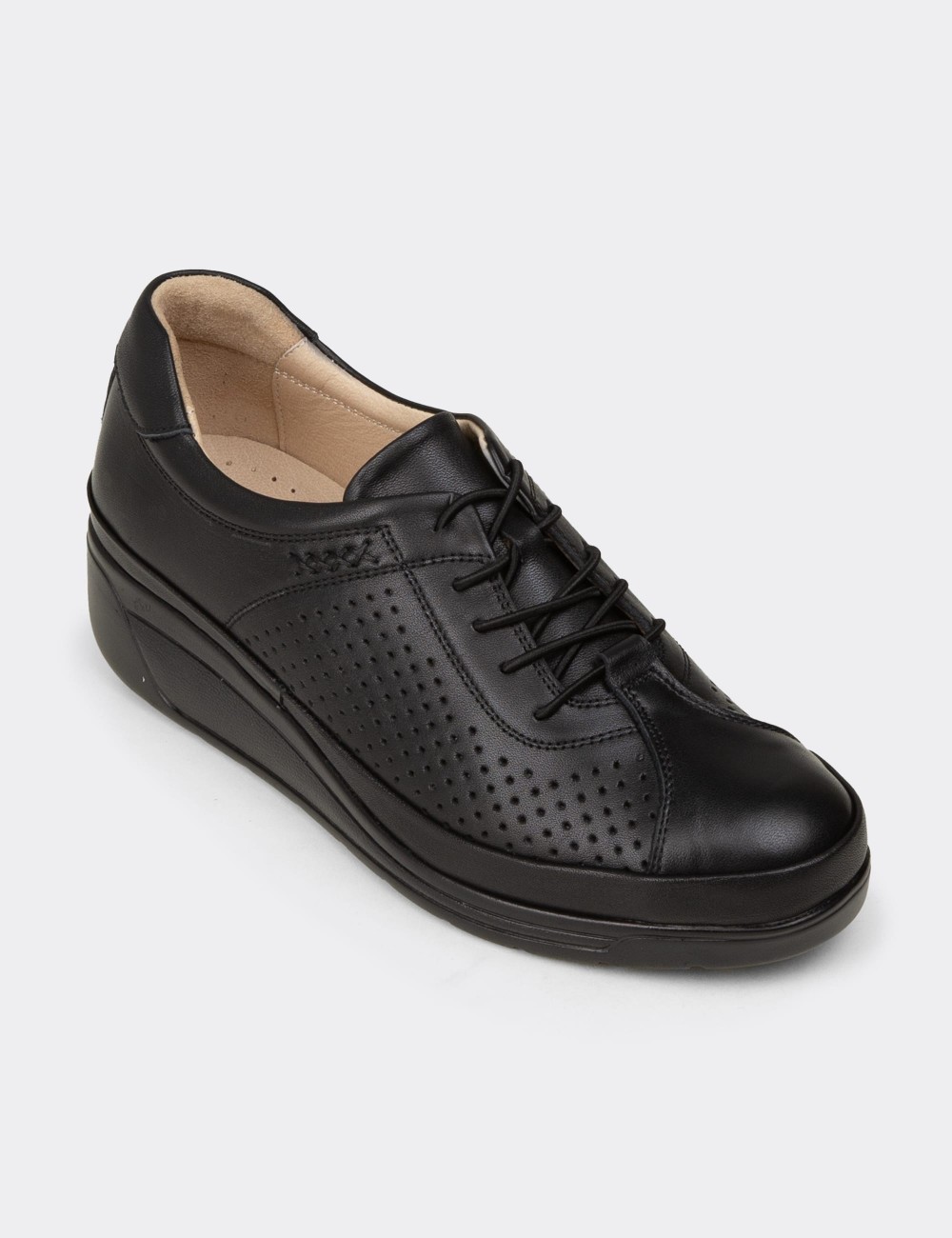 Women's Black Leather Lace-up Shoes - N3537ZSYHC01