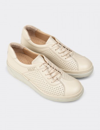 Women's Beige Leather Lace-up Shoes