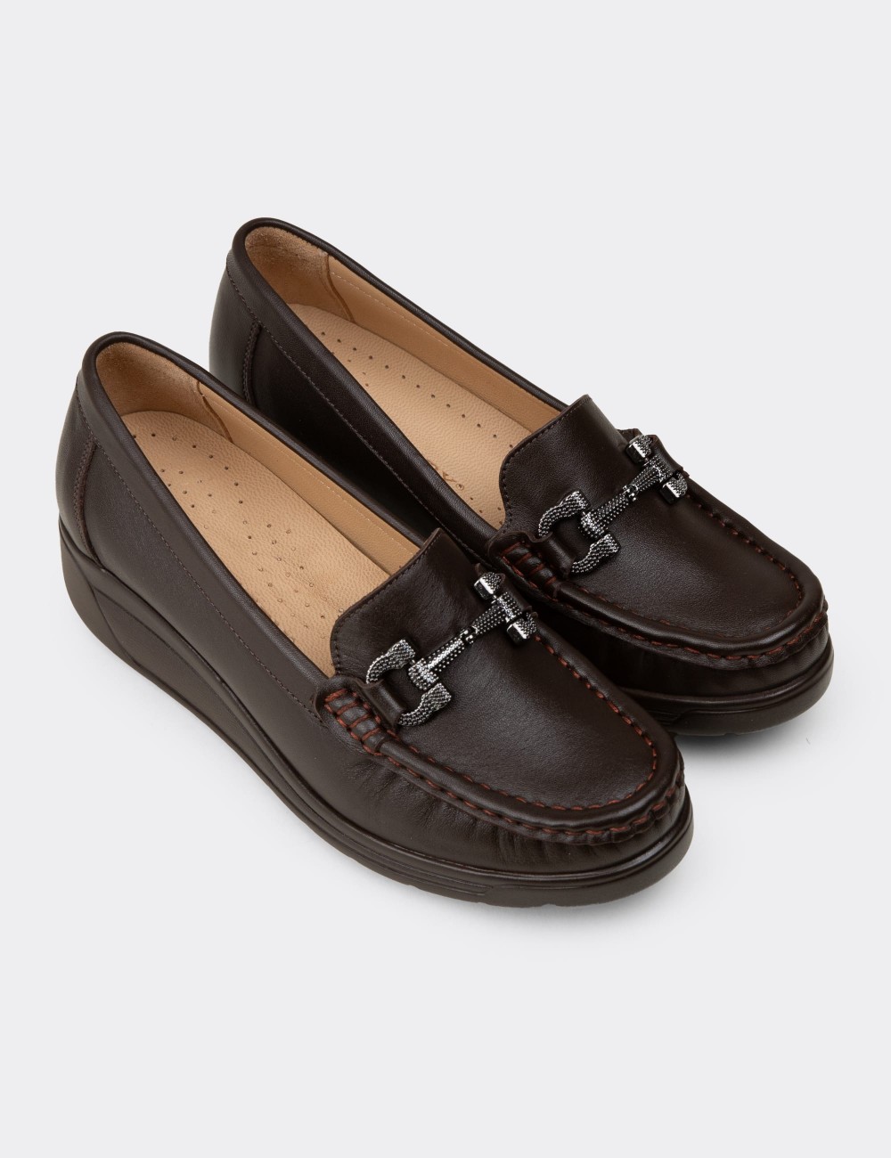 Women's Brown Leather Loafers - N1742ZKHVC01