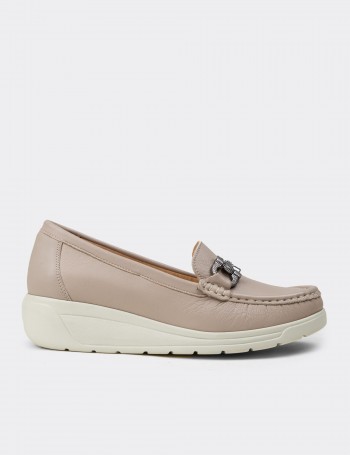 Women's Beige Leather Loafers