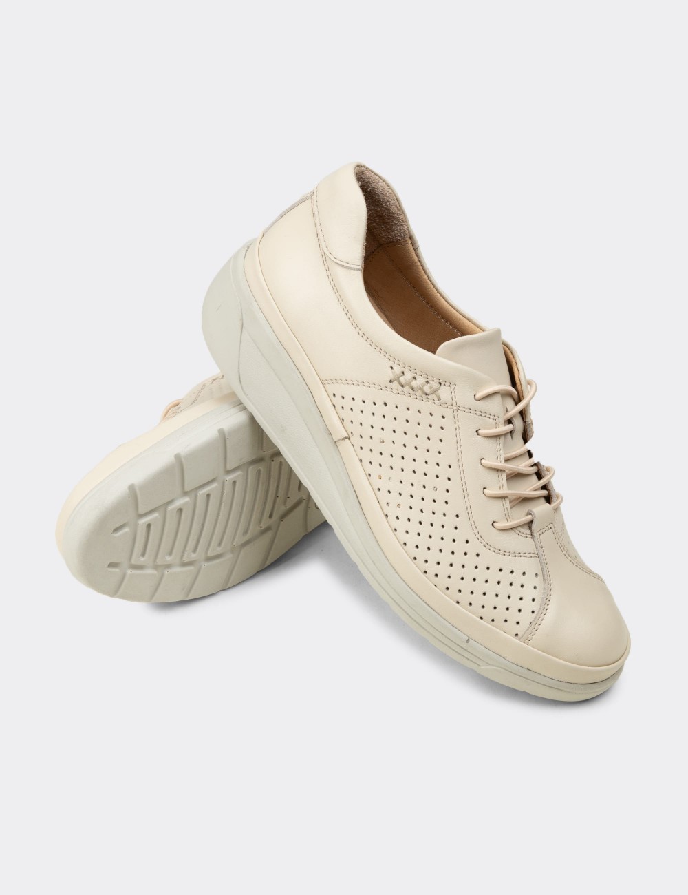 Women's Beige Leather Lace-up Shoes - N3537ZBEJC01