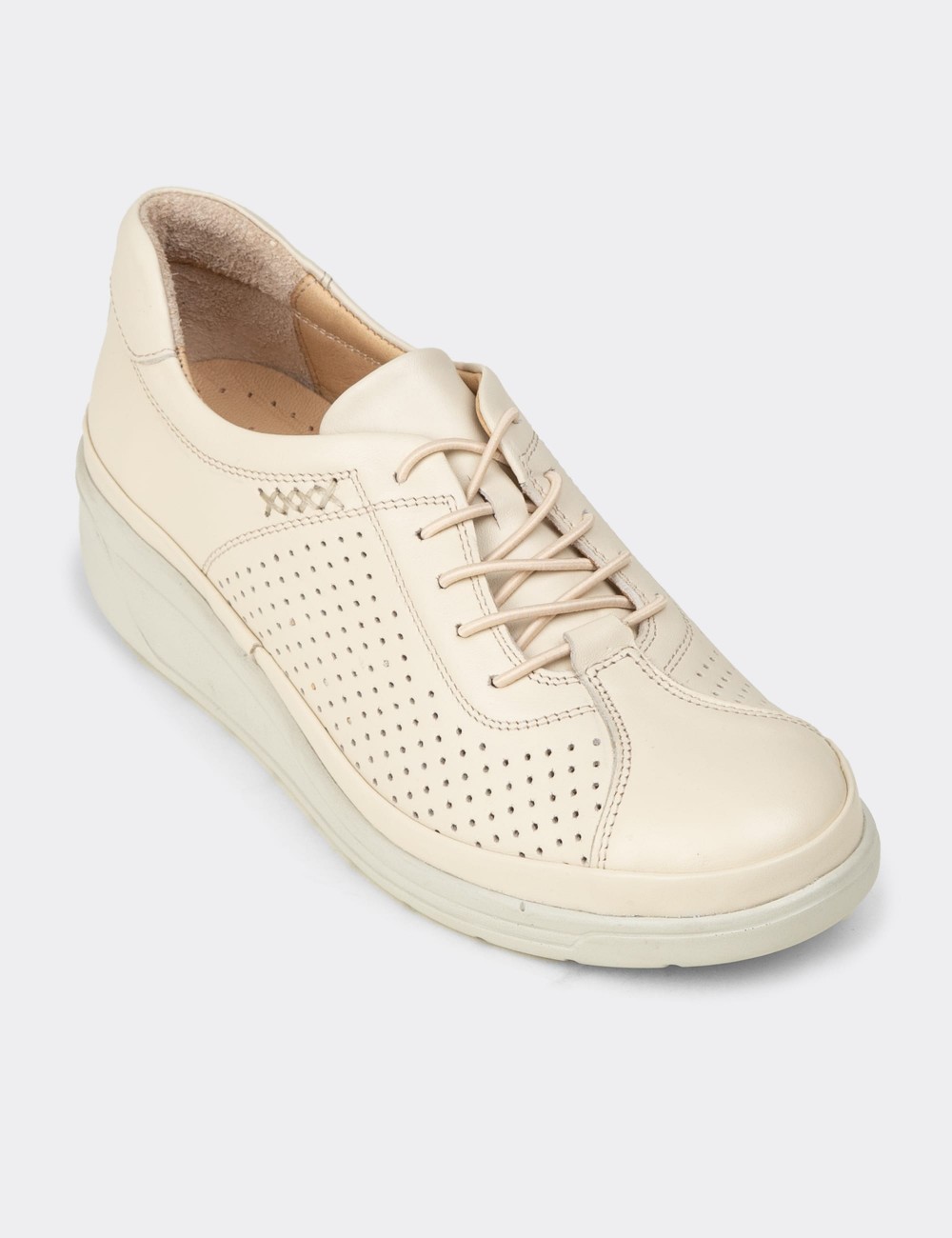 Women's Beige Leather Lace-up Shoes - N3537ZBEJC01