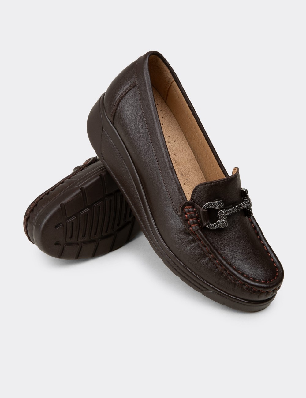 Women's Brown Leather Loafers - N1742ZKHVC01
