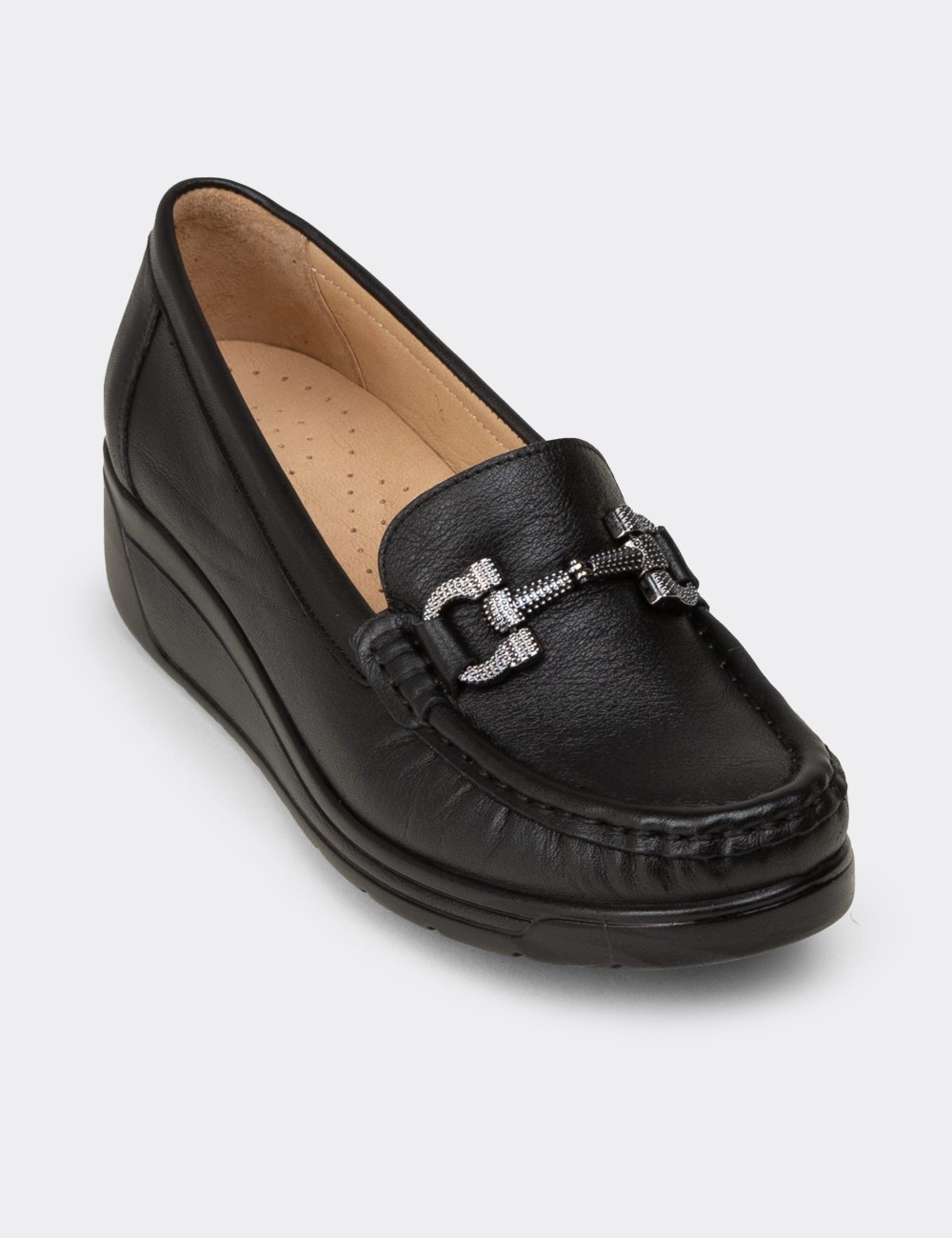 Women's Black Leather Loafers - N1742ZSYHC01