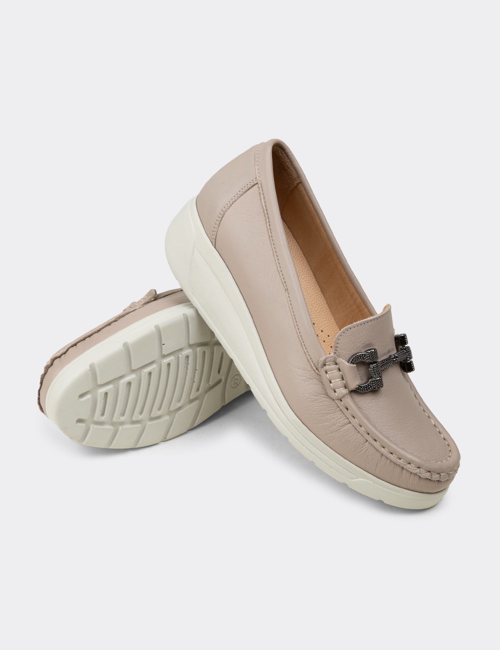 Women's Beige Leather Loafers - N1742ZBEJC01