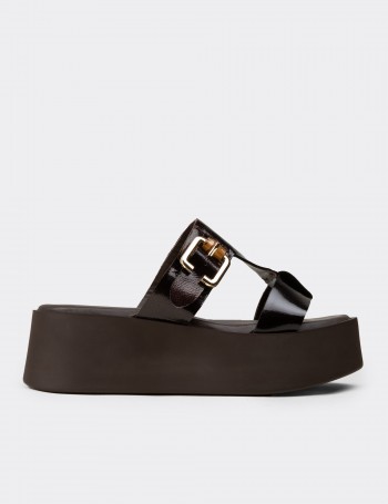 Women's Brown Patent Leather Platform Slide Sandals
