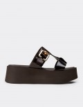 Women's Brown Patent Leather Platform Slide Sandals
