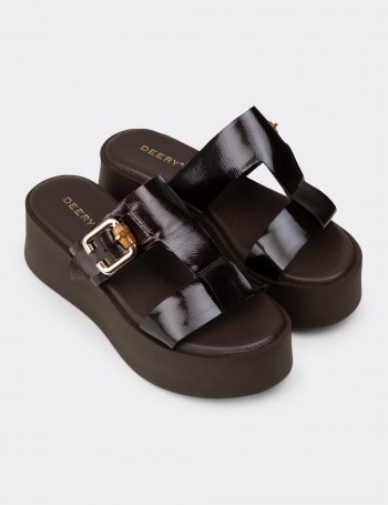 Women's Brown Patent Leather Platform Slide Sandals