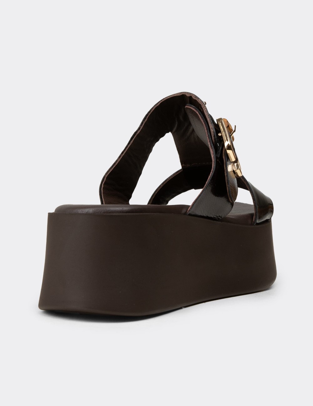 Women's Brown Patent Leather Platform Slide Sandals - 24302ZKHVC01