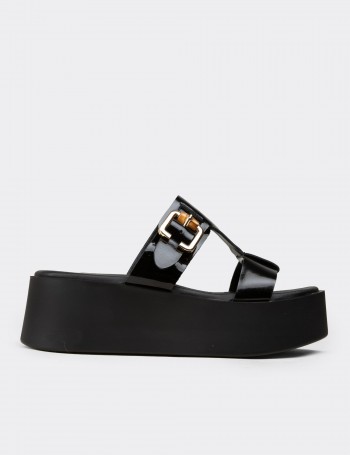 Women's Black Patent Leather Platform Slide Sandals