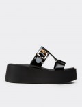 Women's Black Patent Leather Platform Slide Sandals